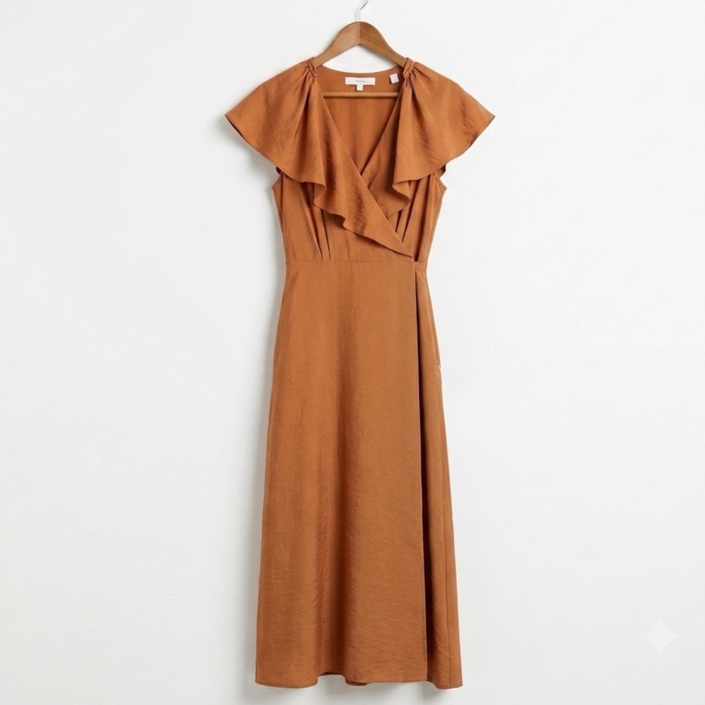Vince Flutter Sleeve Midi Wrap Dress In Copper Brown